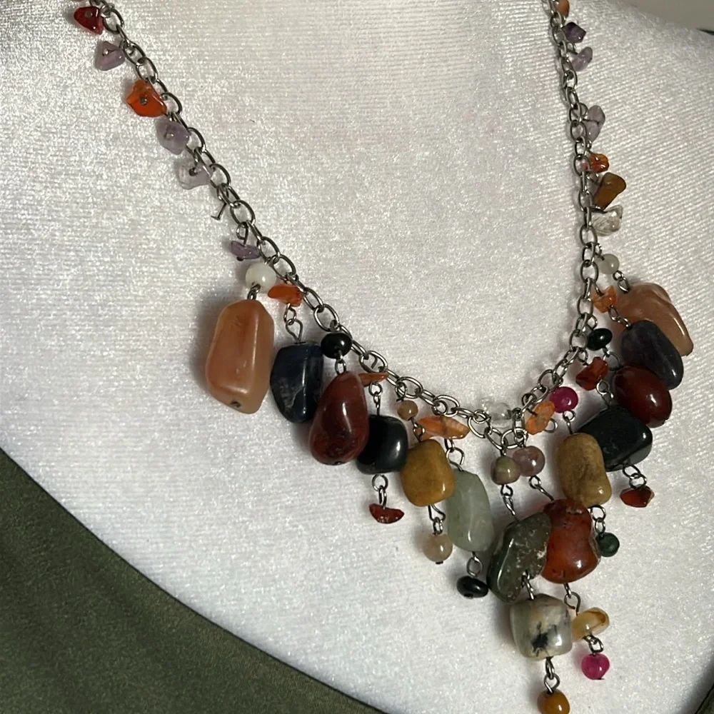 Handcrafted Multi Gemstone Bead Confetti Chandelier Drop Silver Tone Necklace